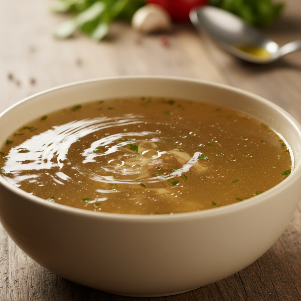Bowl of broth on a wooden table with vegetables in the background