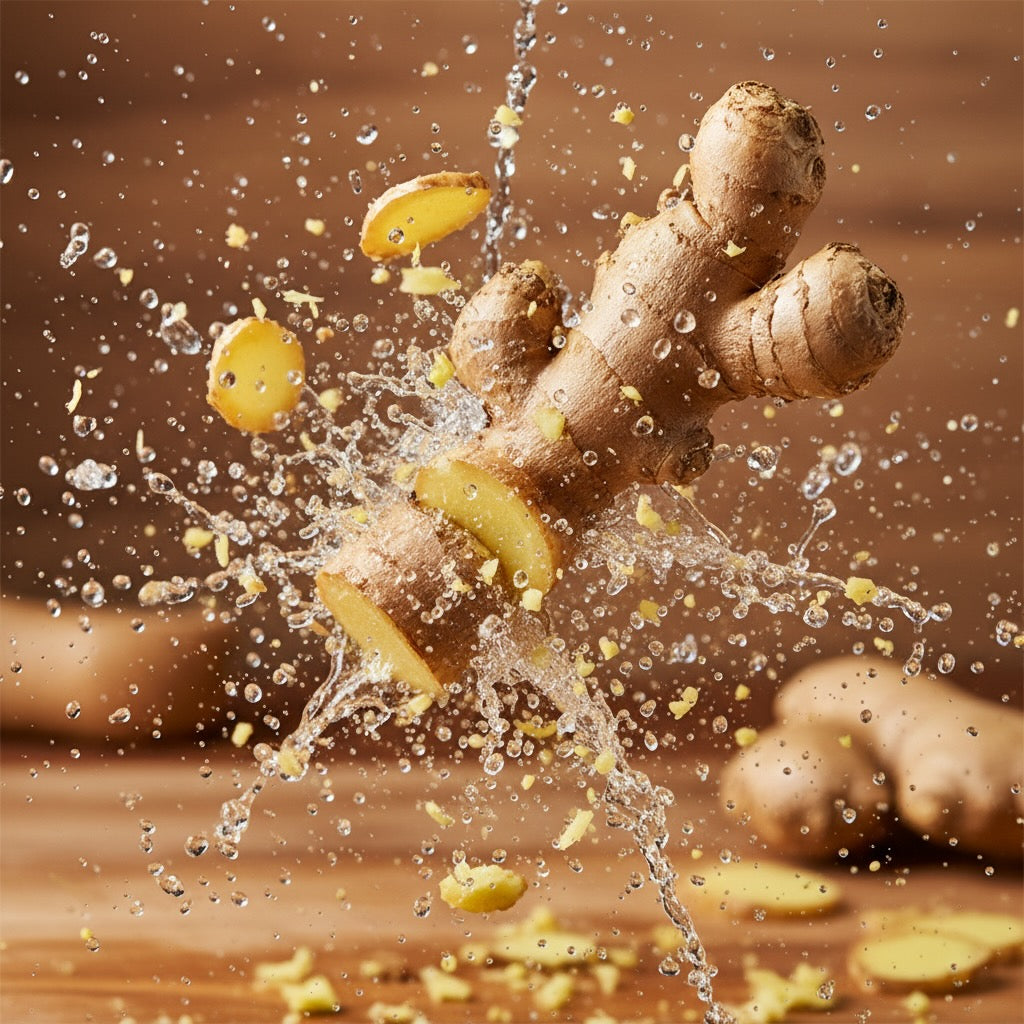 Ginger root being splashed with water on a wooden surface