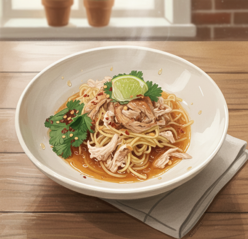 Bowl of noodles with lime and herbs on a wooden table with a window and plants in the background