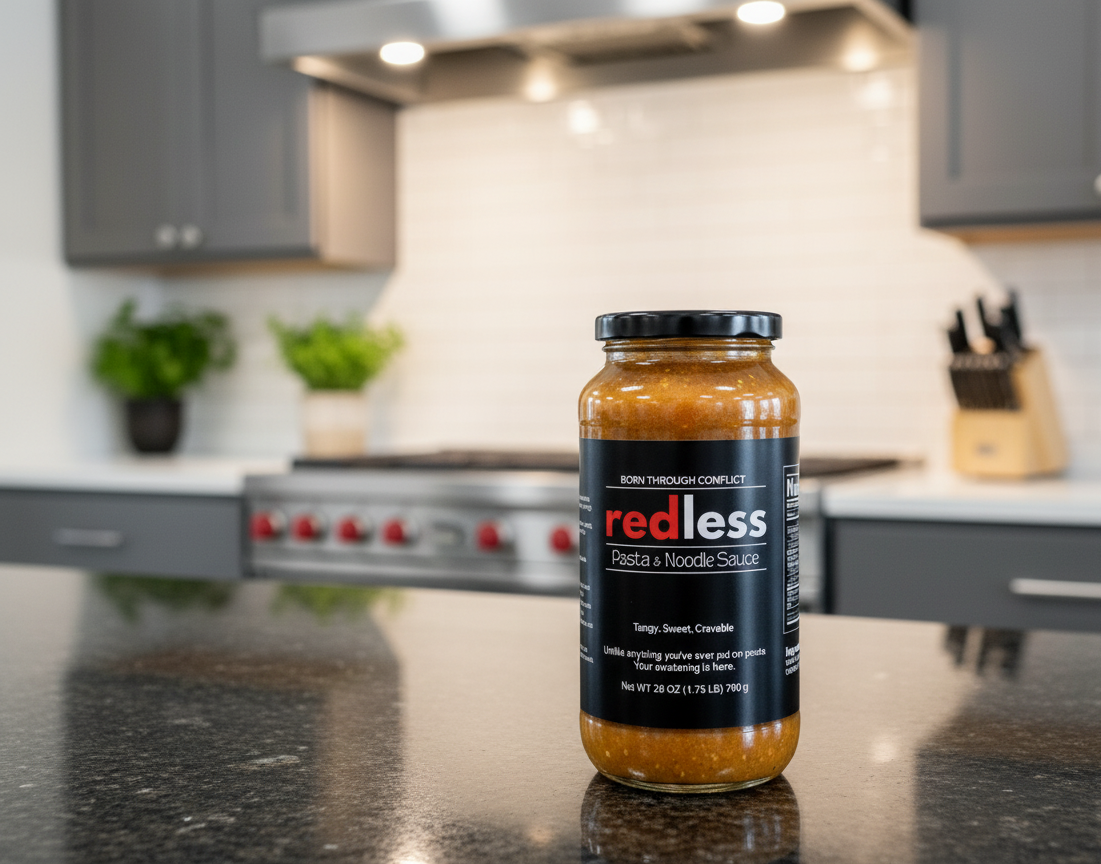 Jar of Redless Pasta & Noodle Sauce on a kitchen counter