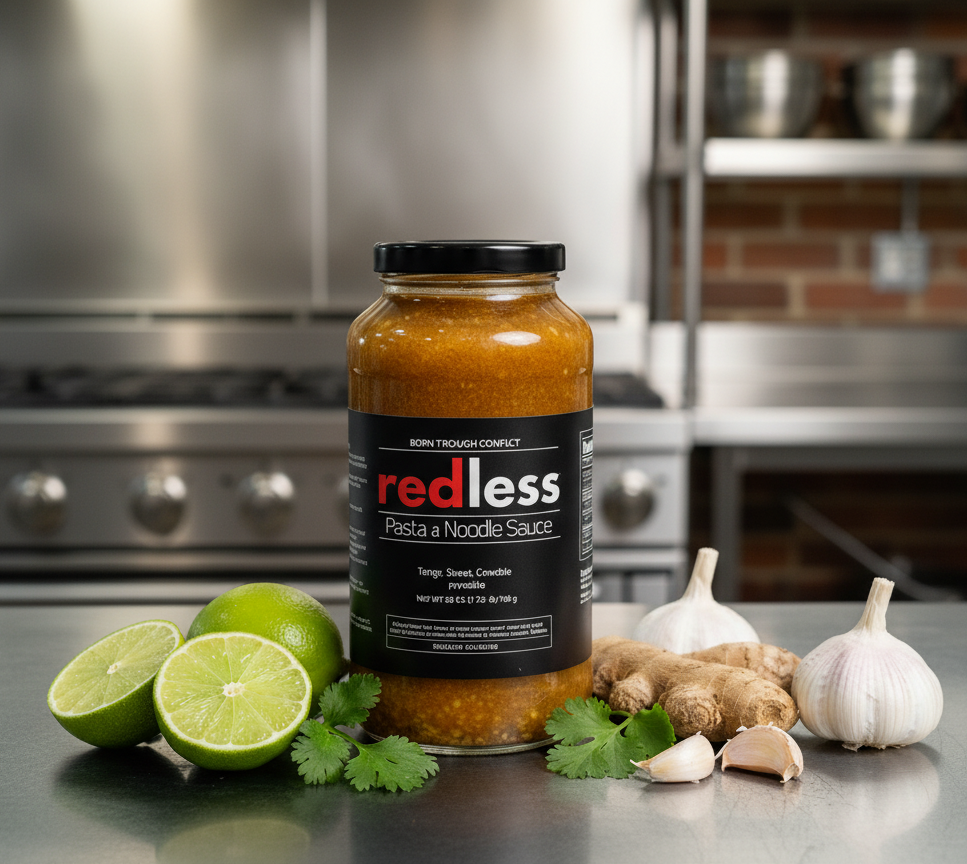 Jar of Redless pasta and noodle sauce on a kitchen counter with ingredients