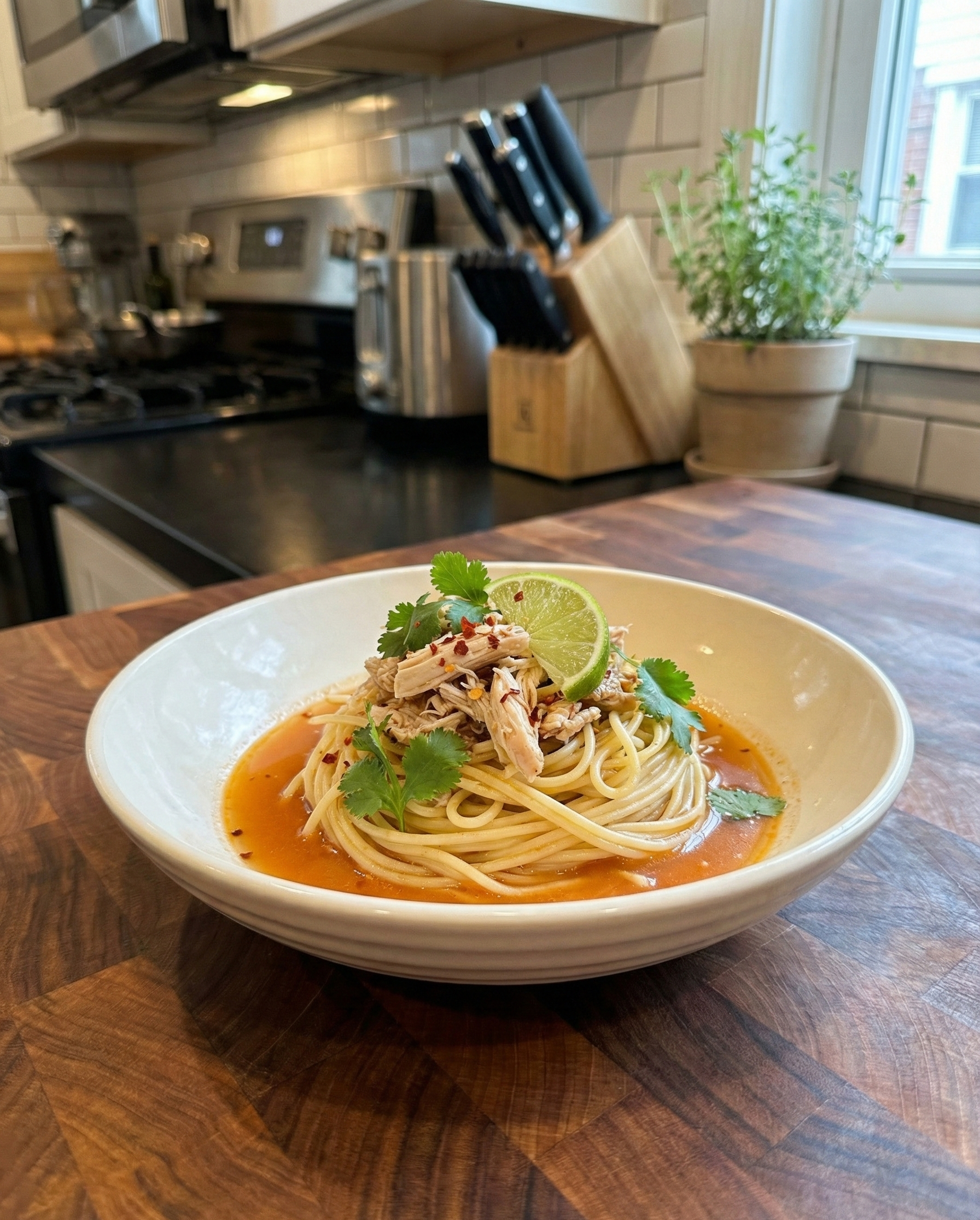 Bowl of pasta with sauce on a wooden table in a kitchen